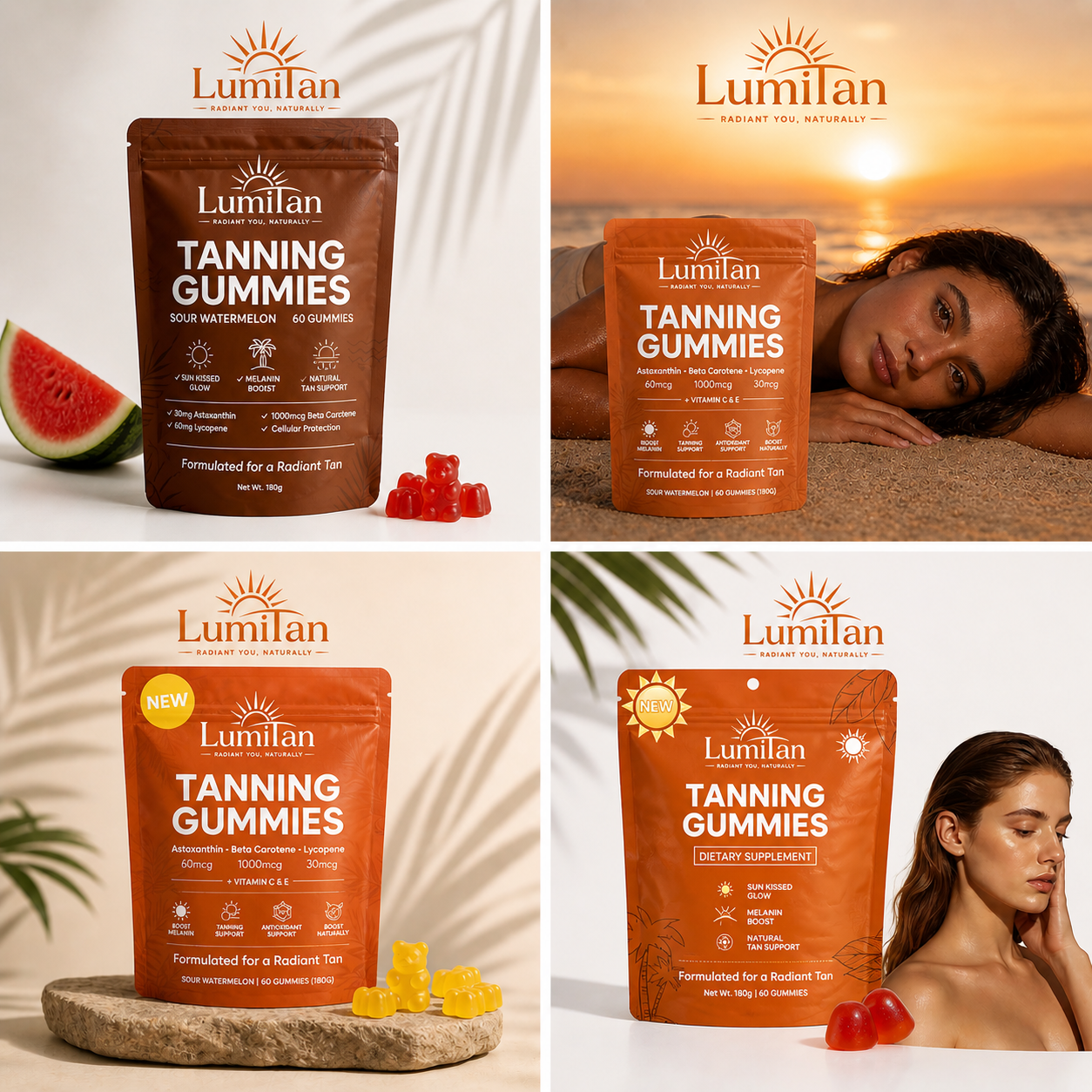 Collage of Lumitan Tanning Gummies packaging with a woman, watermelon, and sunset background.