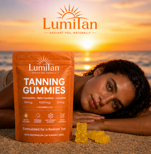 Lumilan Tanning Gummies packaging with a woman on a beach at sunset.