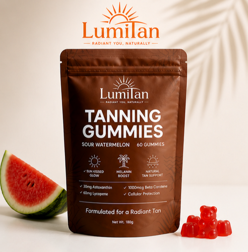 Lumitan tanning gummies packaging with a watermelon and gummies on a light background