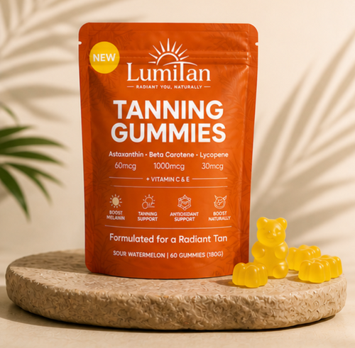 Lumitan tanning gummies packaging with gummies on a wooden surface