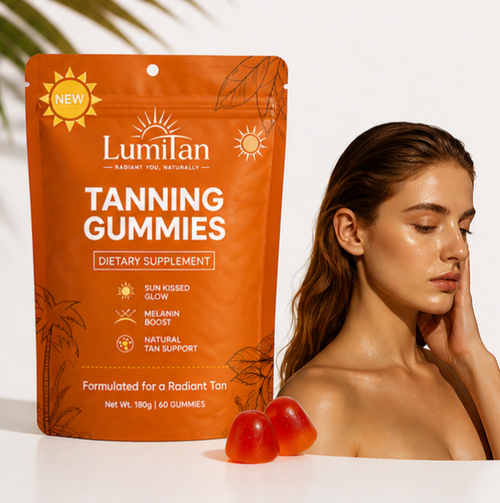 Lumilan tanning gummies packaging with a woman with a sun-kissed glow.