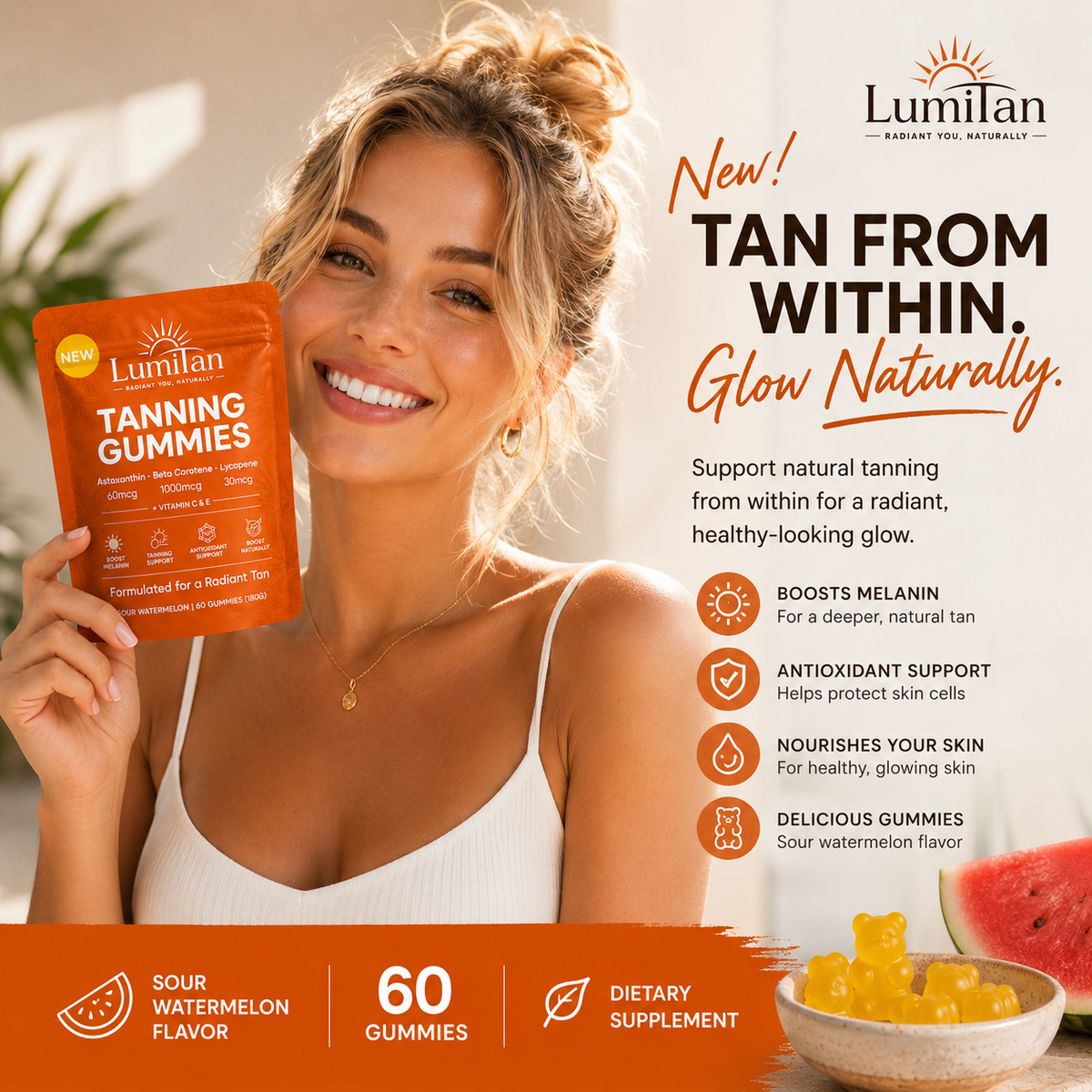 LumiTan Tanning Gummies in a bottle, showing colorful chewable gummies designed to enhance skin's tan naturally.