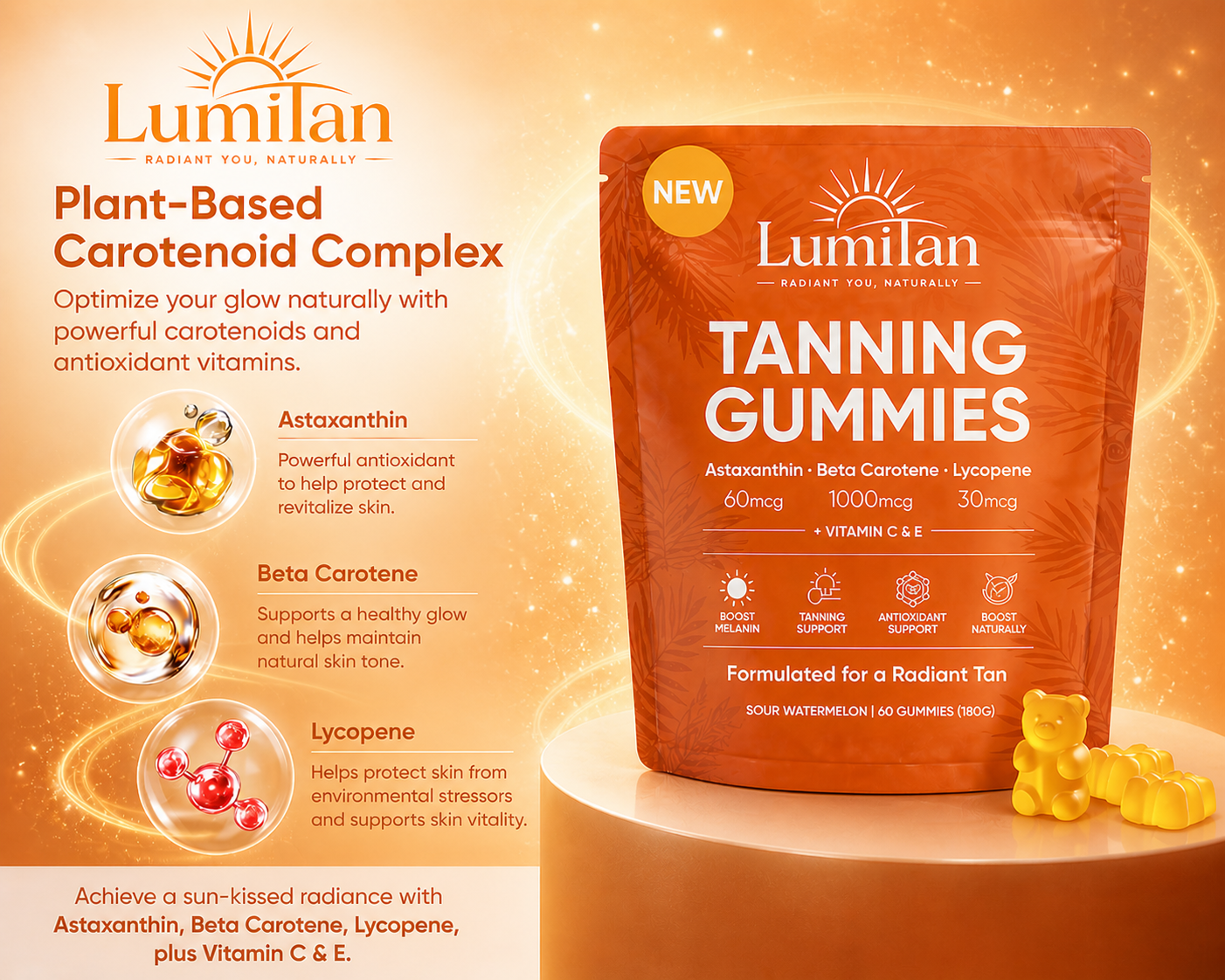 Lumilan Tanning Gummies packaging with product details on an orange background