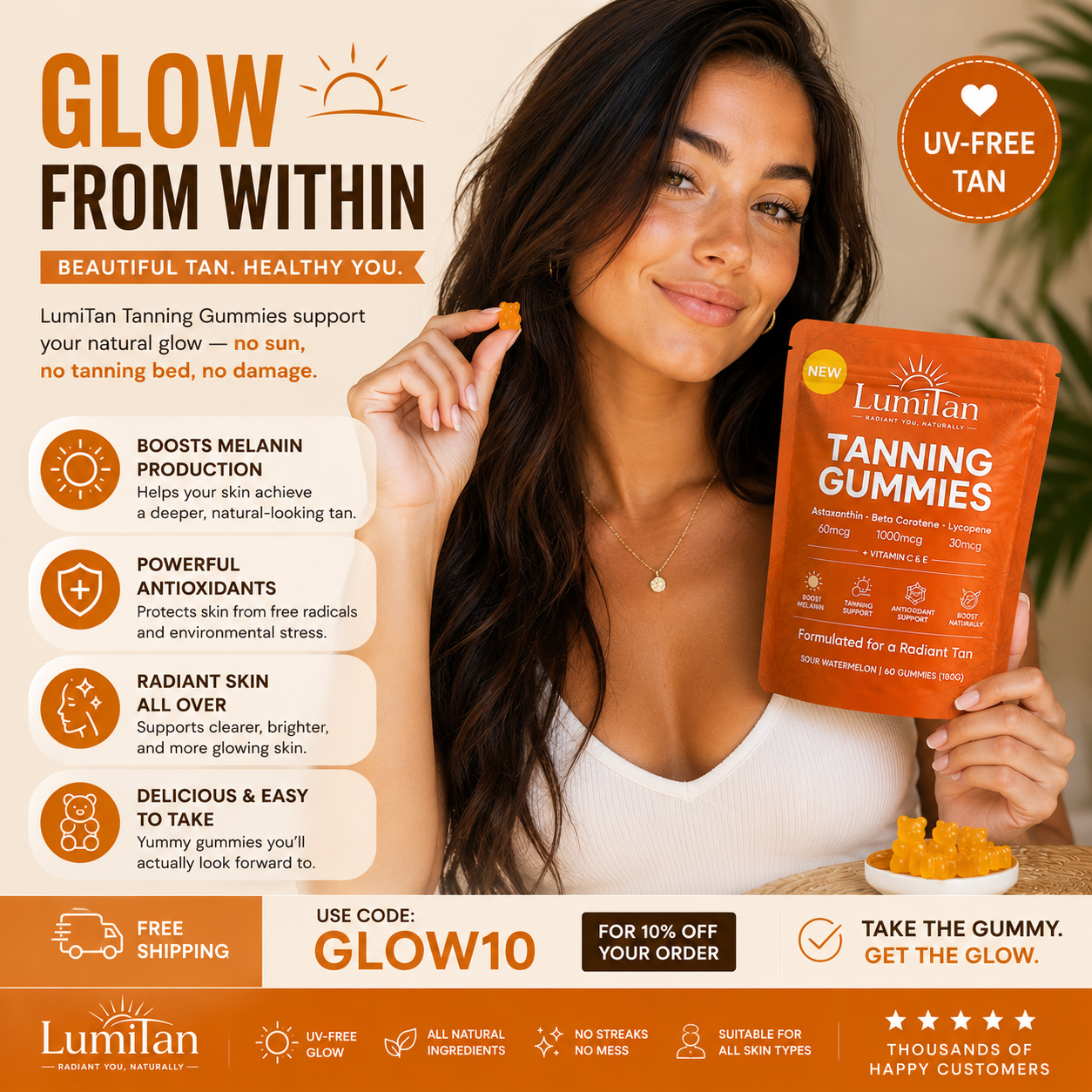 LumiTan Tanning Gummies in a clear bottle, showing orange-flavored gummy supplements for natural skin tanning.