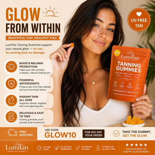 LumiTan Tanning Gummies in a clear bottle, showing orange-flavored gummy supplements for natural skin tanning.