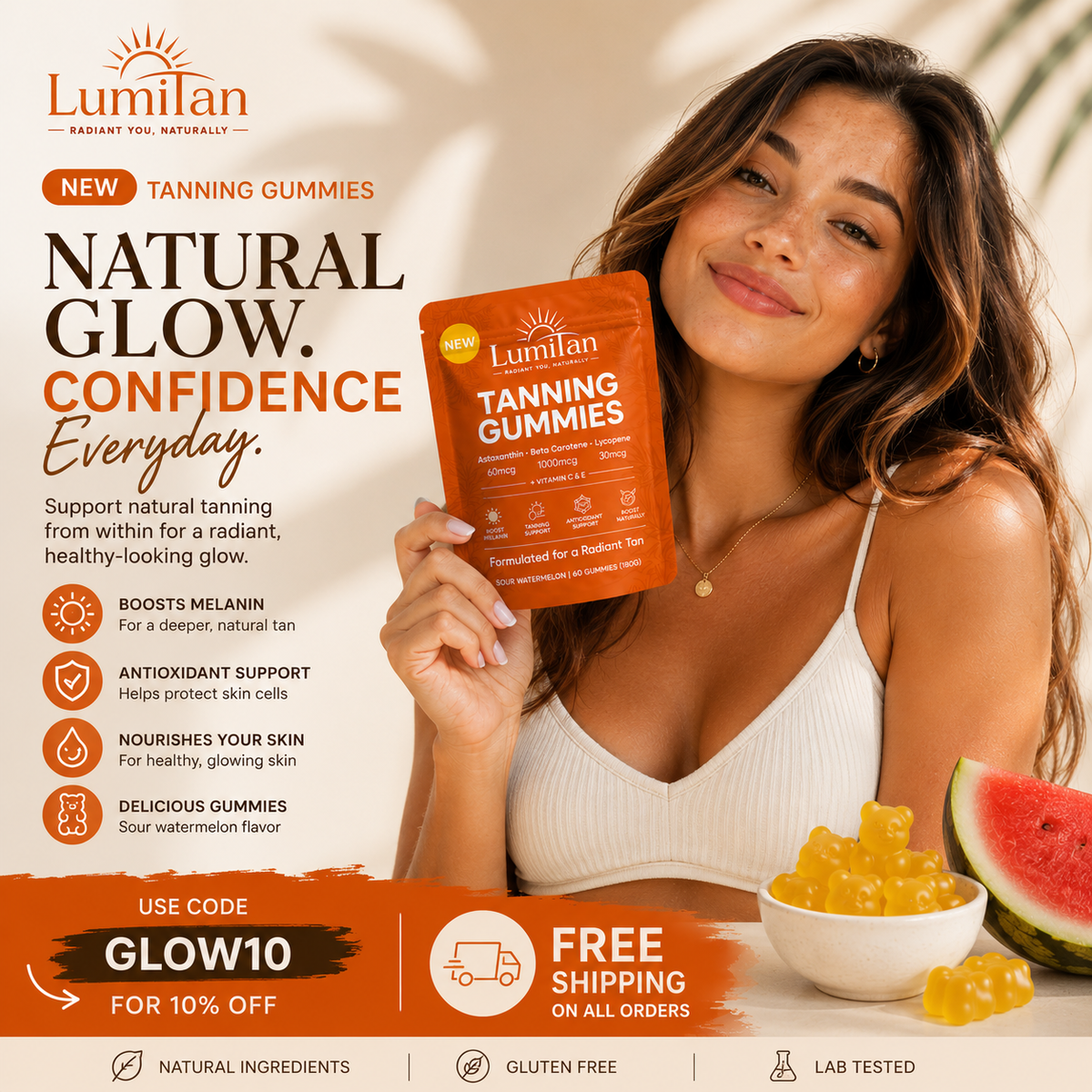 LumiTan Tanning Gummies in a transparent bottle showing colorful gummy supplements for skin tanning and glow.
