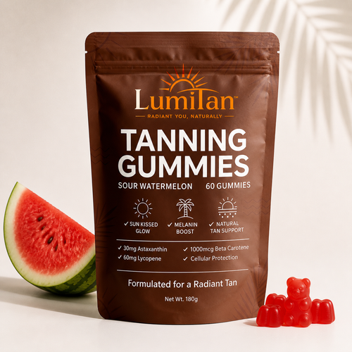 Lumitan tanning gummies packaging with a watermelon and gummy bears on a light background